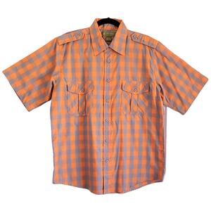 GALAXY BY HARVIC ORANGE & GREY CHECK COLLARED BUTTON DOWN W FRONT POCKETS SZ M